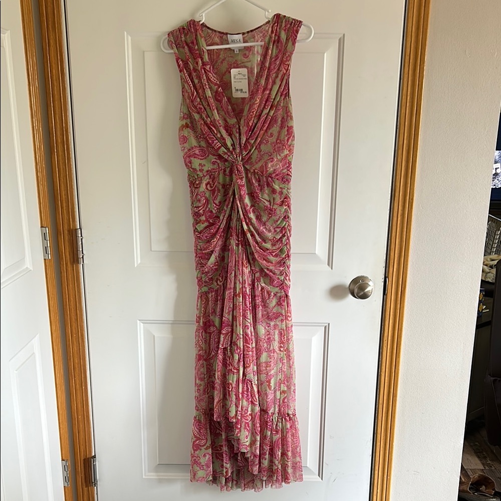 Misa Small Pink and Green Paisley Ruched Sleeveless Dress